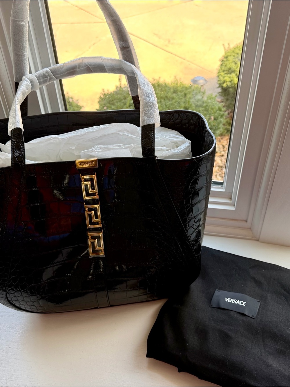 Versace Black Croc-Embossed Tote with Gold Greek Key Accent